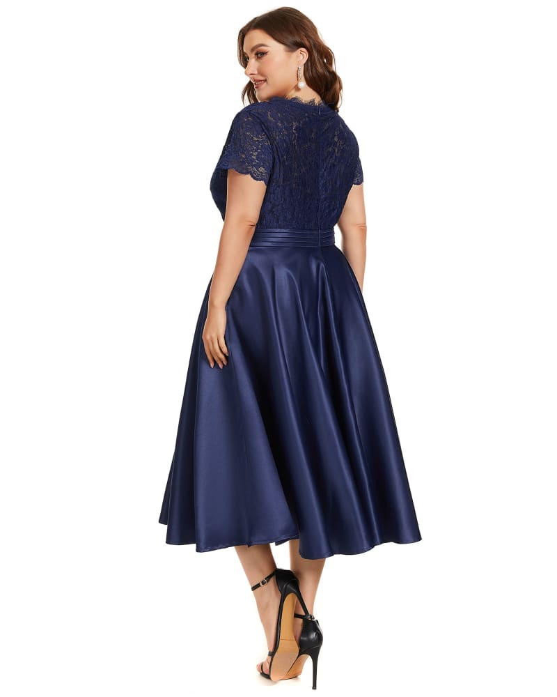 Lace Cap Sleeve V neck Cocktail Dress Navy Blue